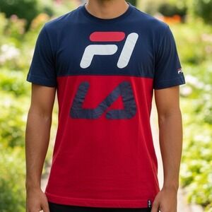 Fila Mens Colorblock Graphic Logo T-Shirt Navy Red Short Sleeve Tee